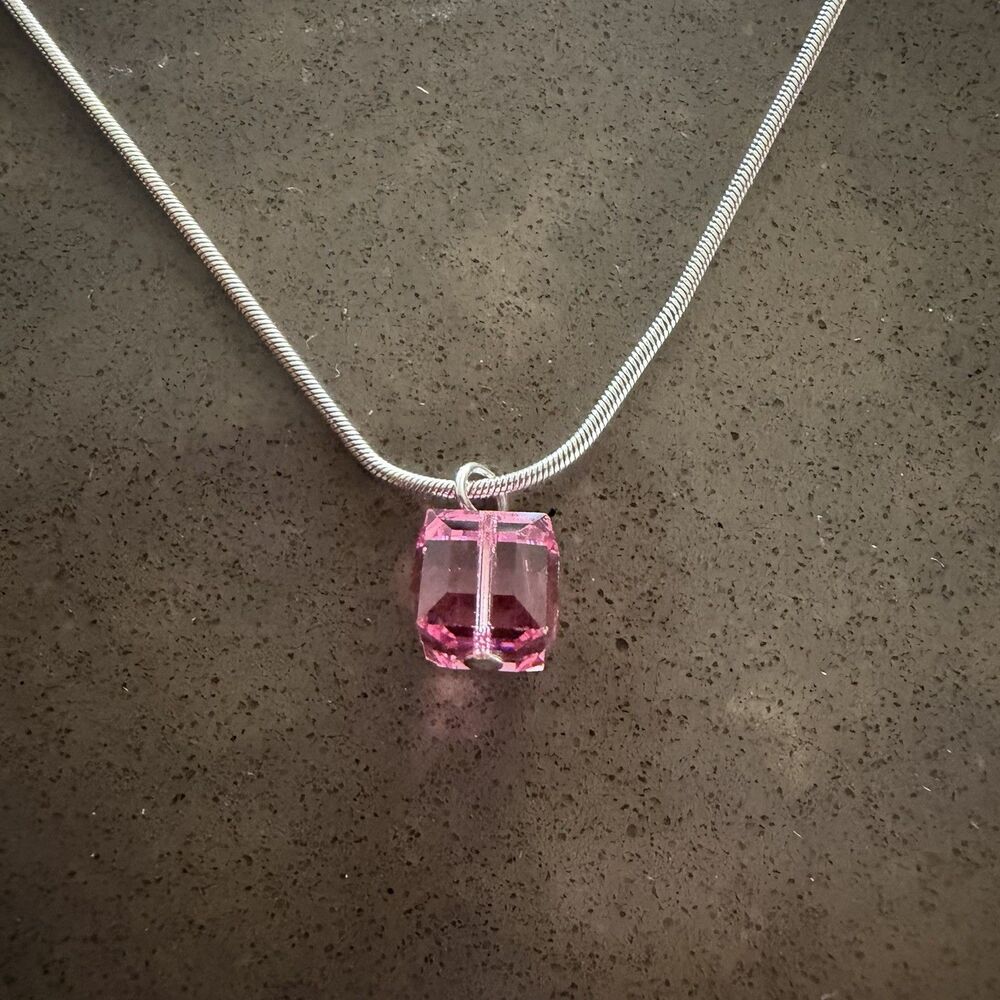 Emily Ray 925 Silver Snake Chain w/Pink Crystal Cube Pendant Necklace 16"